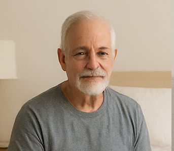 Man sitting on a bed wearing a gray t-shirt and dark shorts.